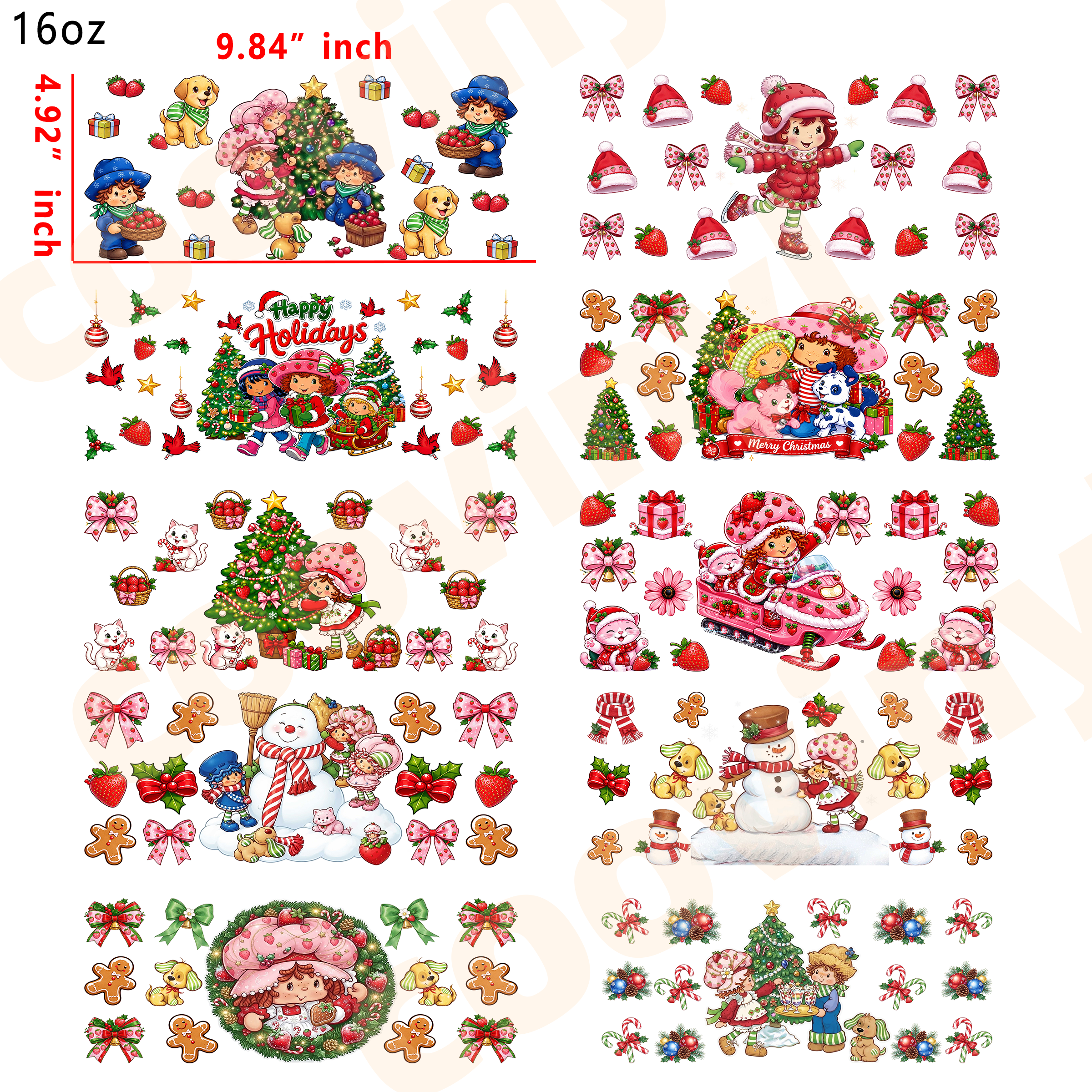 (X48) Christmas strawberry shortcake 10pcs  16OZ Tumbler Cup Wraps, Waterproof Fade-Resistant Decal Stickers, Vivid HD Print with Strong Adhesion, Customizable Transfers for Glass Cups, Mugs & Smooth Surfaces, DIY Art Craft Supplies