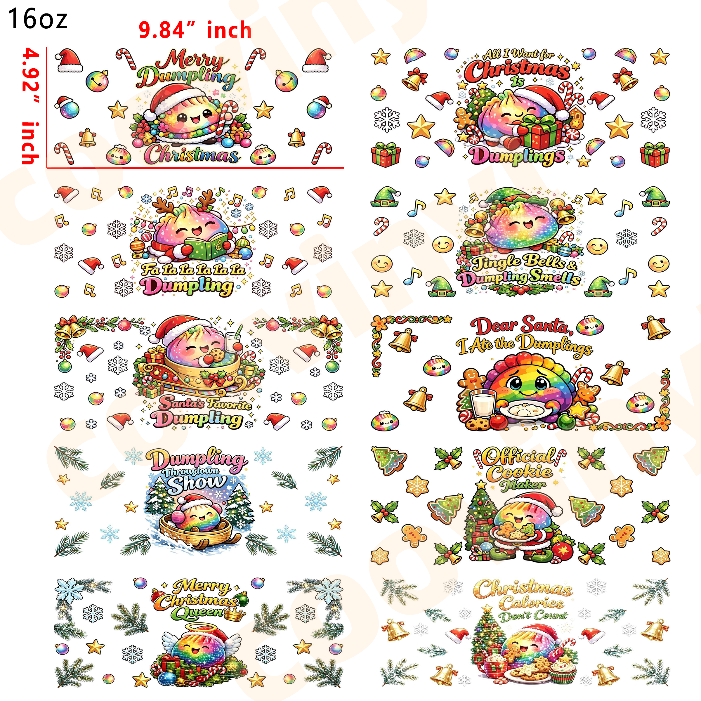 (E62) Christmas dumpling 10pcs  16OZ Tumbler Cup Wraps, Waterproof Fade-Resistant Decal Stickers, Vivid HD Print with Strong Adhesion, Customizable Transfers for Glass Cups, Mugs & Smooth Surfaces, DIY Art Craft Supplies
