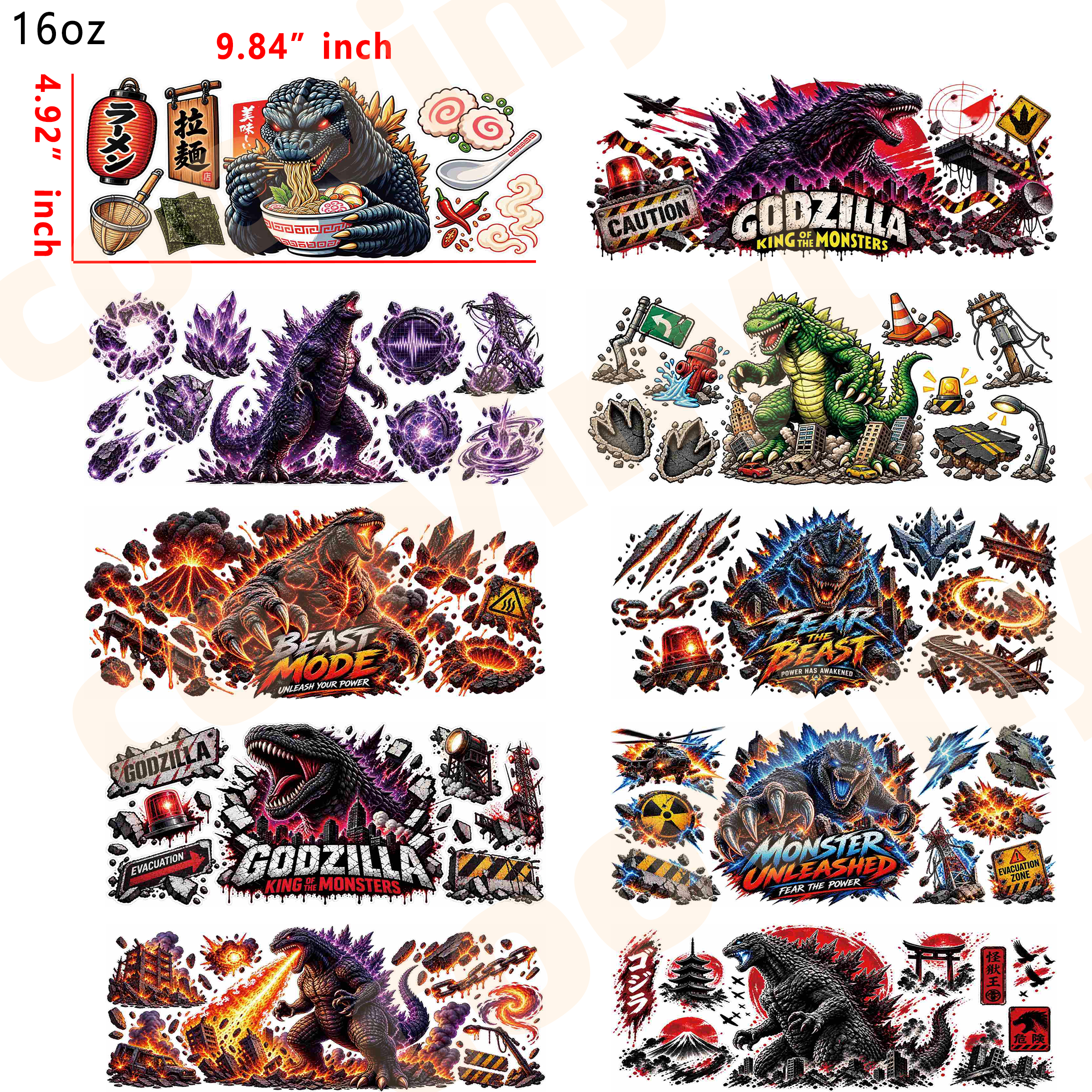 (X75) Godzilla 10pcs  16OZ Tumbler Cup Wraps, Waterproof Fade-Resistant Decal Stickers, Vivid HD Print with Strong Adhesion, Customizable Transfers for Glass Cups, Mugs & Smooth Surfaces, DIY Art Craft Supplies
