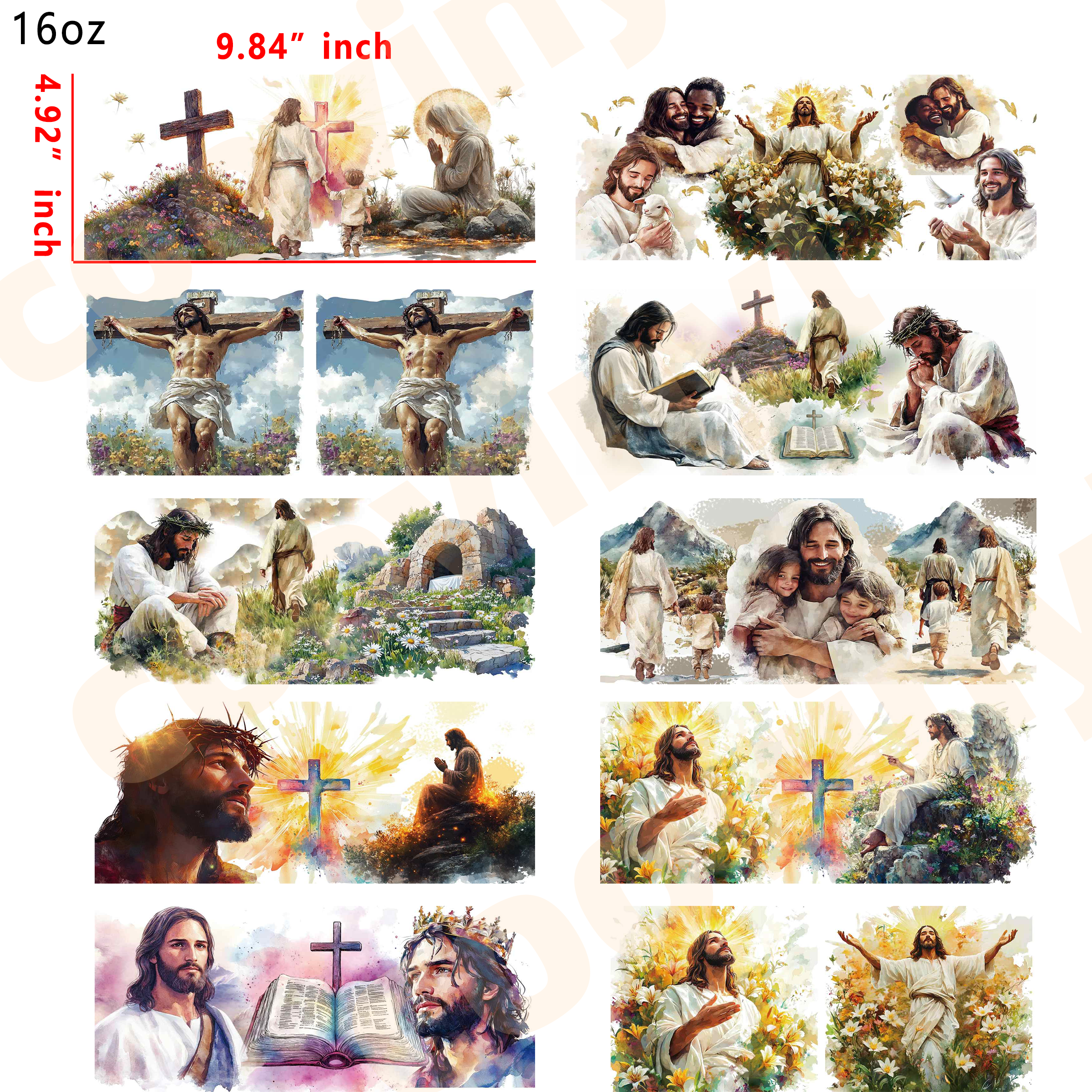 (E64) Jesus 10pcs  16OZ Tumbler Cup Wraps, Waterproof Fade-Resistant Decal Stickers, Vivid HD Print with Strong Adhesion, Customizable Transfers for Glass Cups, Mugs & Smooth Surfaces, DIY Art Craft Supplies