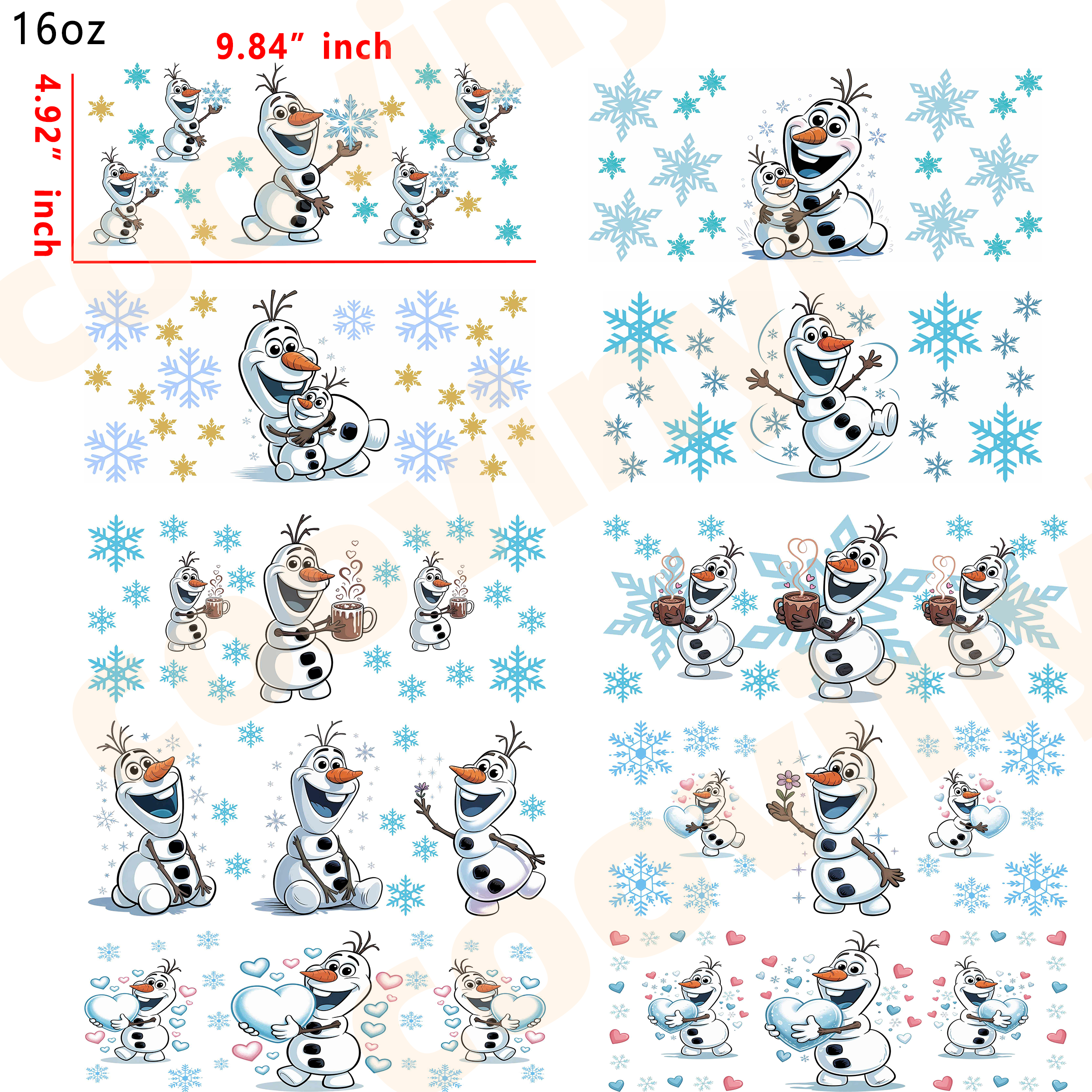 (T25) Olaf 10pcs  16OZ Tumbler Cup Wraps, Waterproof Fade-Resistant Decal Stickers, Vivid HD Print with Strong Adhesion, Customizable Transfers for Glass Cups, Mugs & Smooth Surfaces, DIY Art Craft Supplies