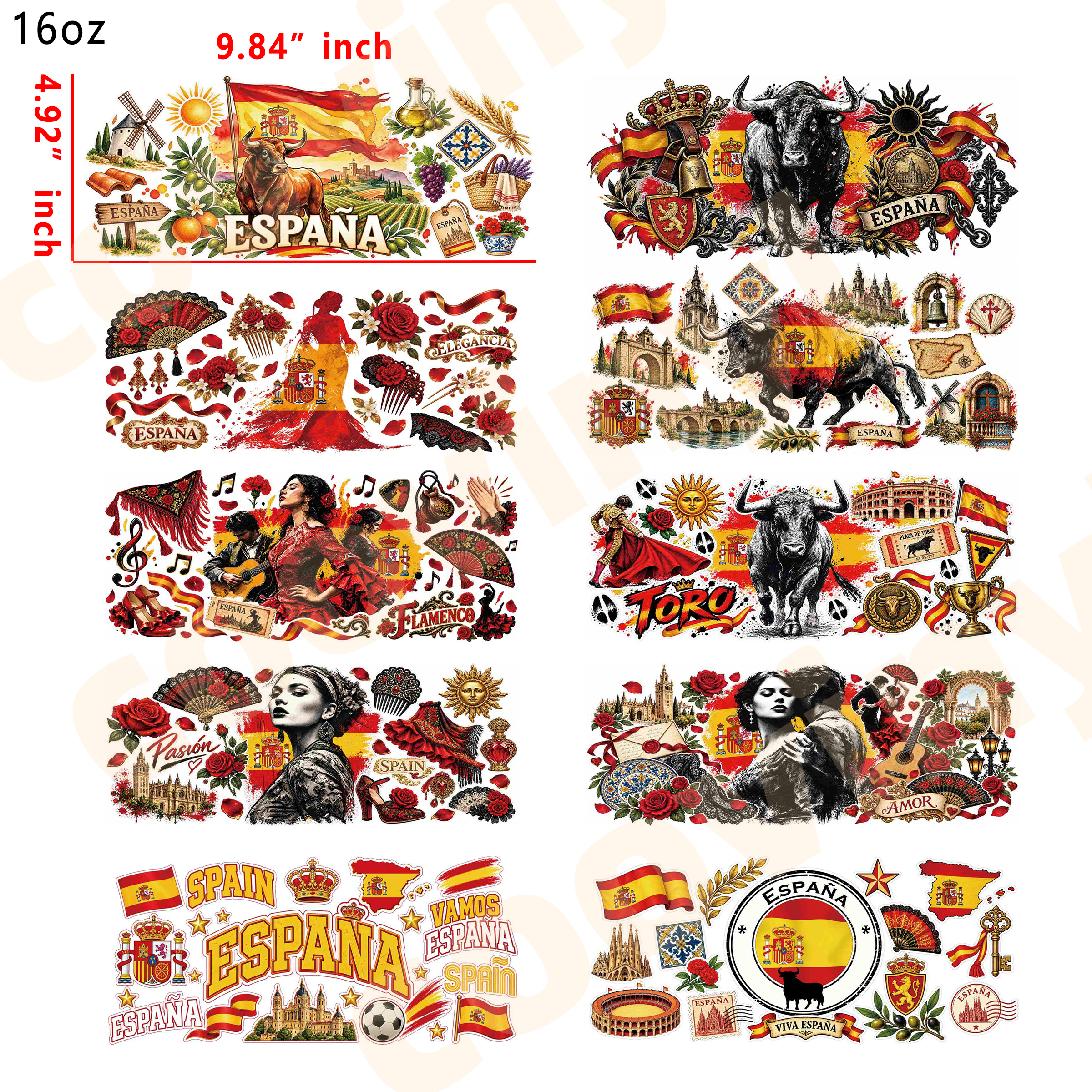 (E63) Spain 10pcs  16OZ Tumbler Cup Wraps, Waterproof Fade-Resistant Decal Stickers, Vivid HD Print with Strong Adhesion, Customizable Transfers for Glass Cups, Mugs & Smooth Surfaces, DIY Art Craft Supplies