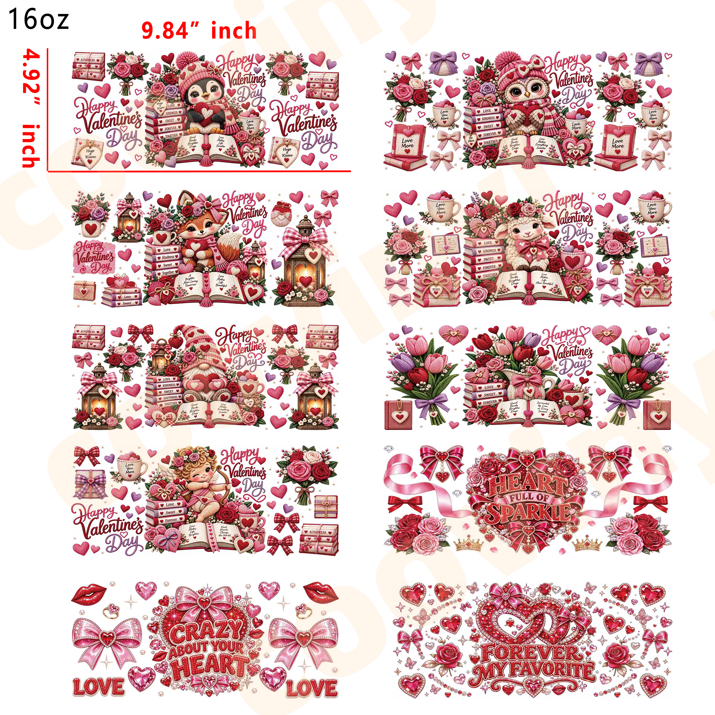 (E61) Valentine's day 10pcs  16OZ Tumbler Cup Wraps, Waterproof Fade-Resistant Decal Stickers, Vivid HD Print with Strong Adhesion, Customizable Transfers for Glass Cups, Mugs & Smooth Surfaces, DIY Art Craft Supplies