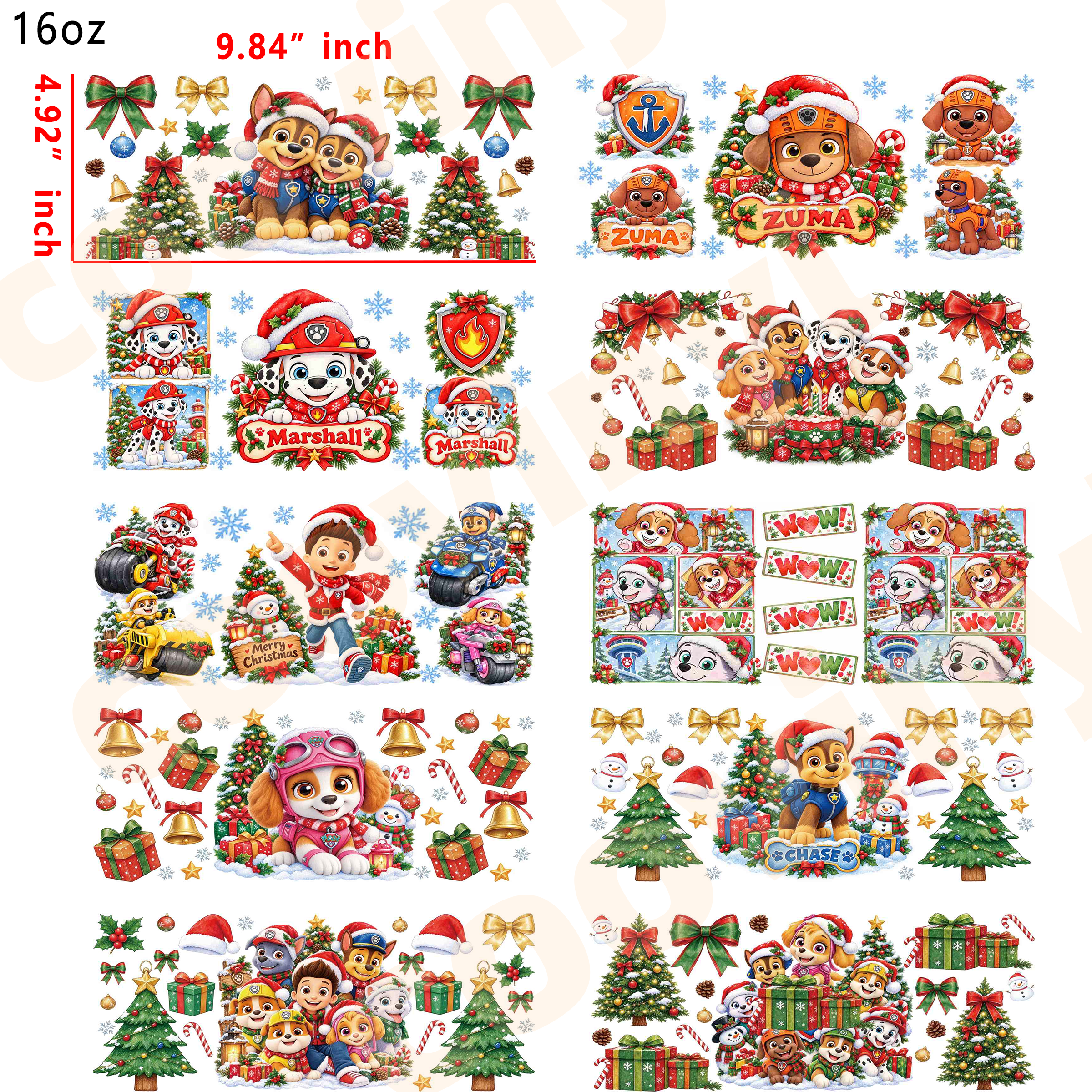 (X80) Christmas paw patrol 10pcs  16OZ Tumbler Cup Wraps, Waterproof Fade-Resistant Decal Stickers, Vivid HD Print with Strong Adhesion, Customizable Transfers for Glass Cups, Mugs & Smooth Surfaces, DIY Art Craft Supplies