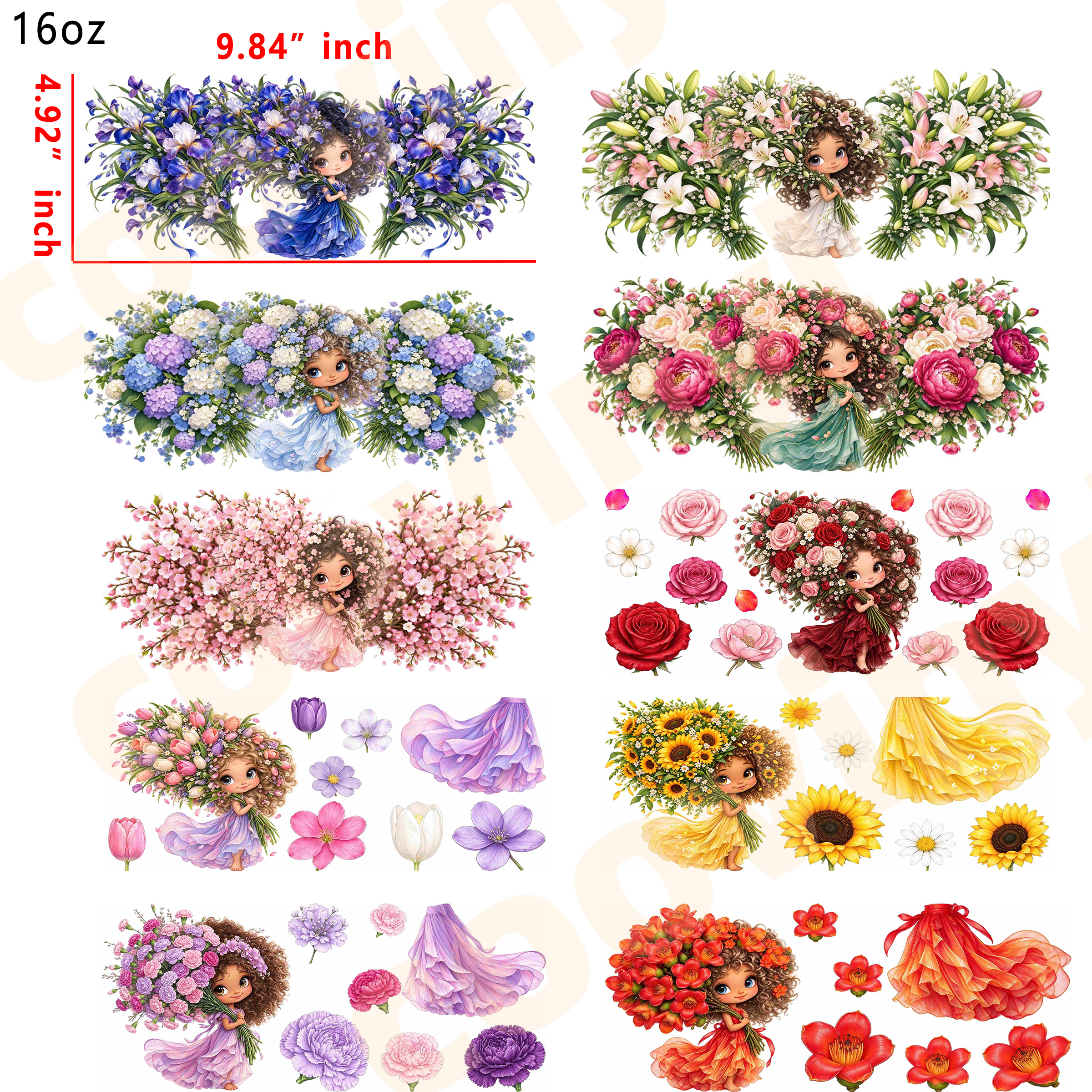 (L8) flower girl 10pcs  16OZ Tumbler Cup Wraps, Waterproof Fade-Resistant Decal Stickers, Vivid HD Print with Strong Adhesion, Customizable Transfers for Glass Cups, Mugs & Smooth Surfaces, DIY Art Craft Supplies