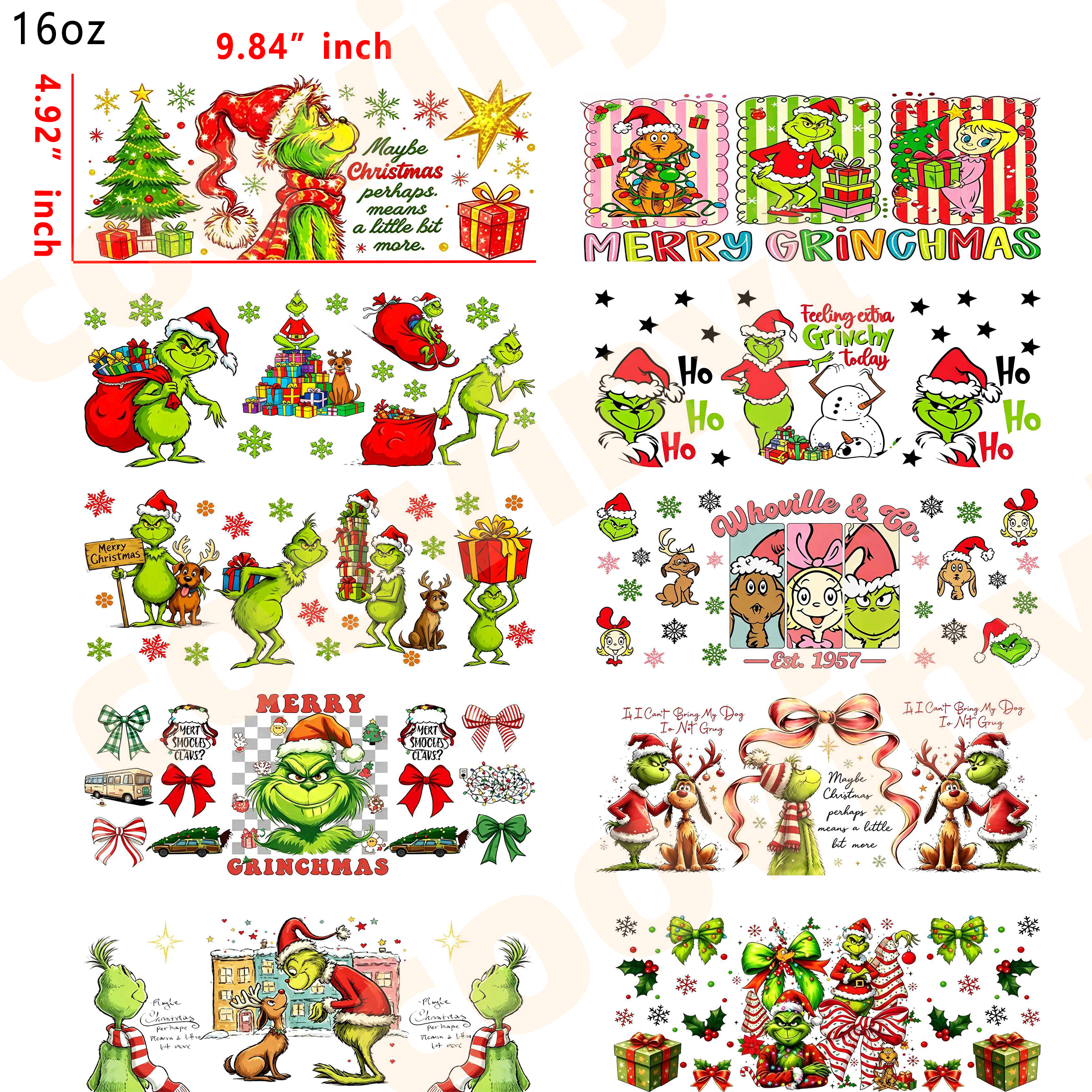 (T43) grinch 10pcs  16OZ Tumbler Cup Wraps, Waterproof Fade-Resistant Decal Stickers, Vivid HD Print with Strong Adhesion, Customizable Transfers for Glass Cups, Mugs & Smooth Surfaces, DIY Art Craft Supplies