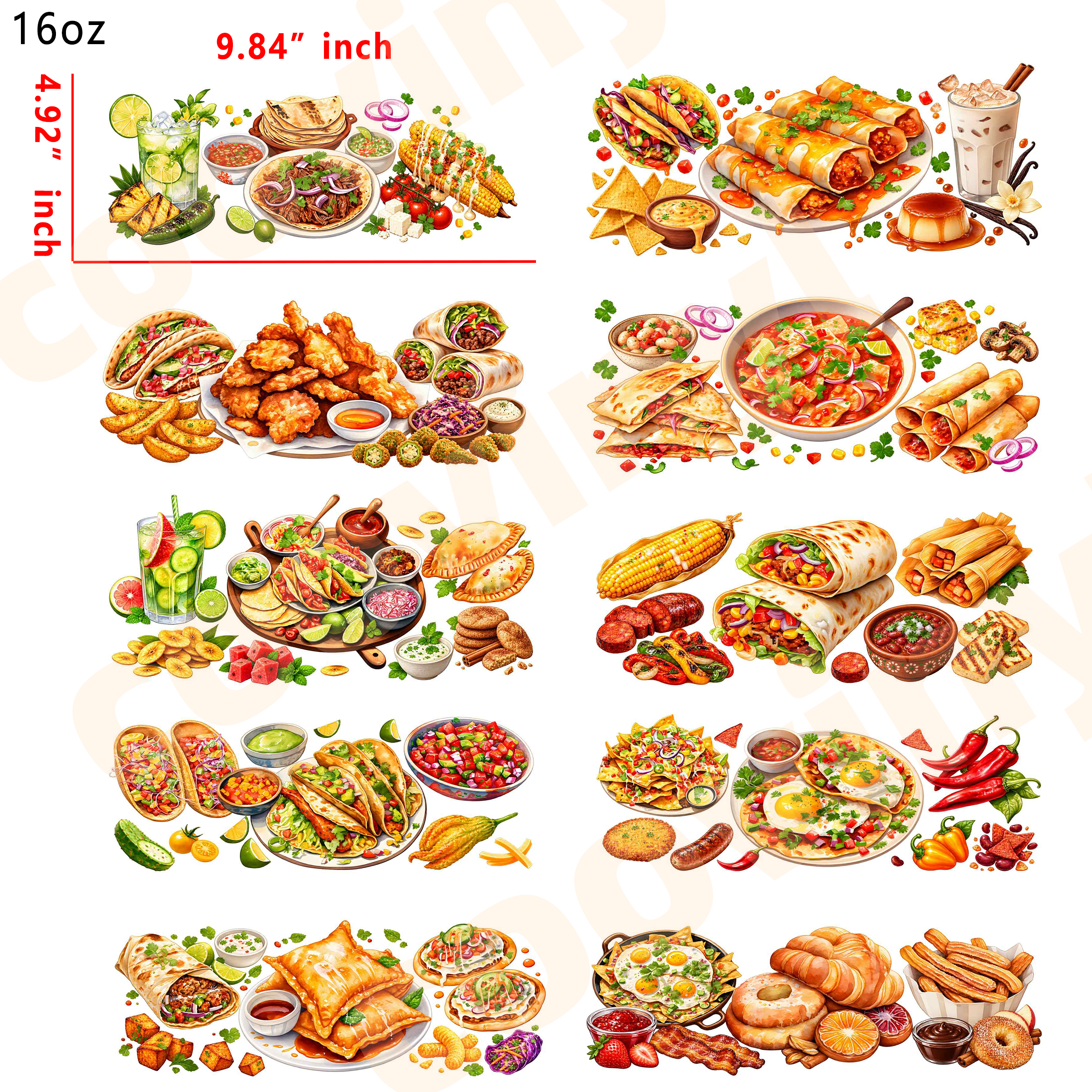 (E54) mexican food 10pcs  16OZ Tumbler Cup Wraps, Waterproof Fade-Resistant Decal Stickers, Vivid HD Print with Strong Adhesion, Customizable Transfers for Glass Cups, Mugs & Smooth Surfaces, DIY Art Craft Supplies