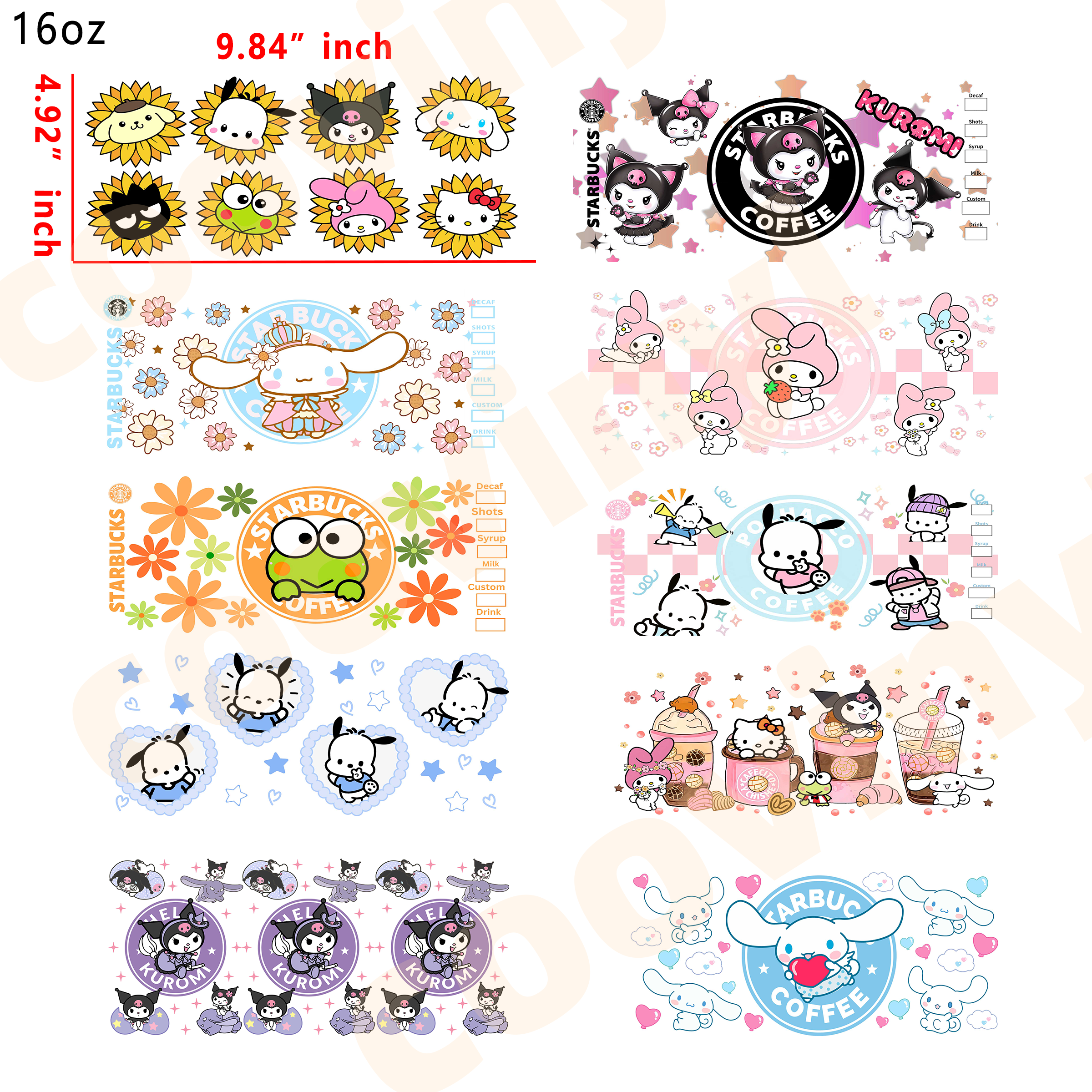 (U81) sanrio 20pcs  16OZ Tumbler Cup Wraps, Waterproof Fade-Resistant Decal Stickers, Vivid HD Print with Strong Adhesion, Customizable Transfers for Glass Cups, Mugs & Smooth Surfaces, DIY Art Craft Supplies