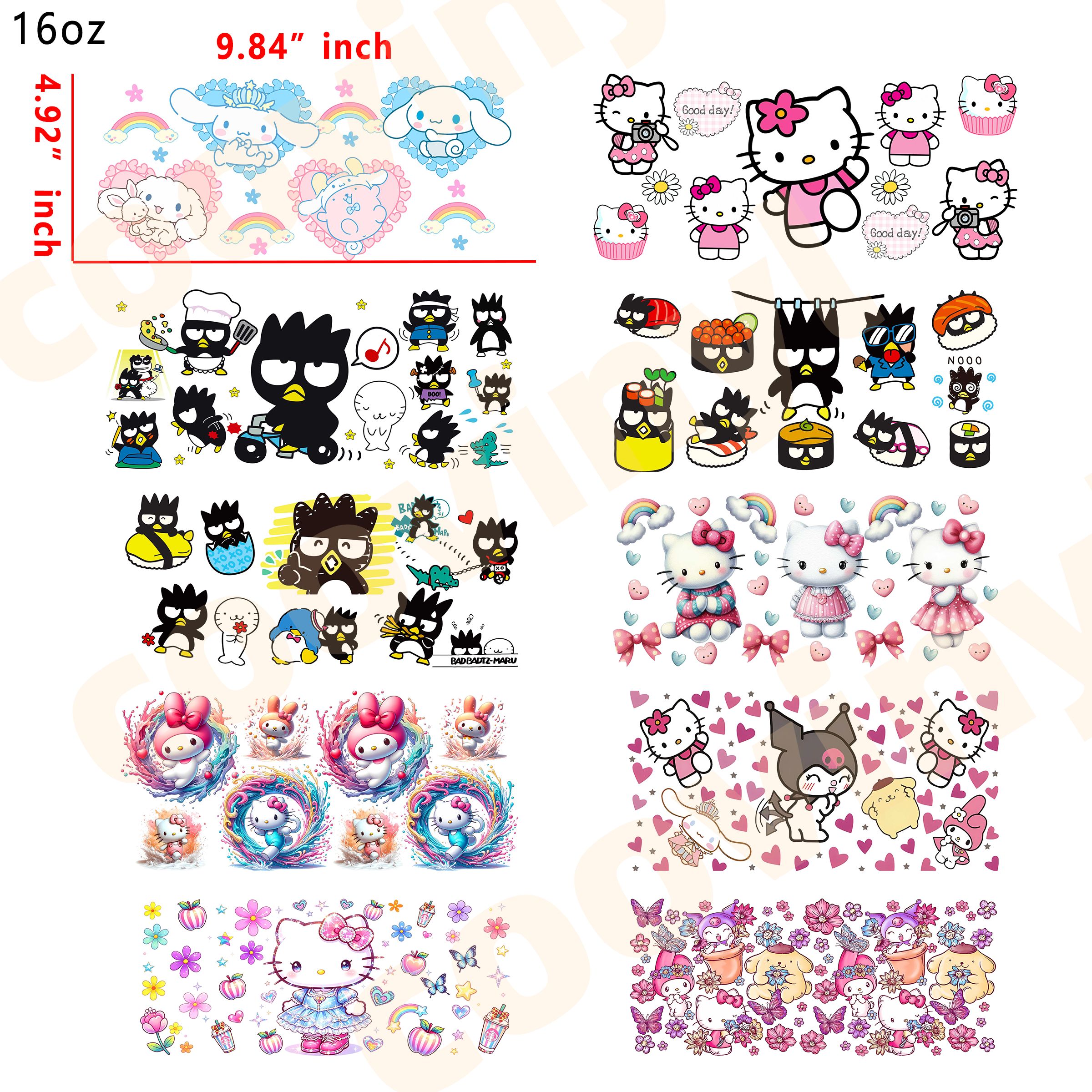 (U81) sanrio 20pcs  16OZ Tumbler Cup Wraps, Waterproof Fade-Resistant Decal Stickers, Vivid HD Print with Strong Adhesion, Customizable Transfers for Glass Cups, Mugs & Smooth Surfaces, DIY Art Craft Supplies
