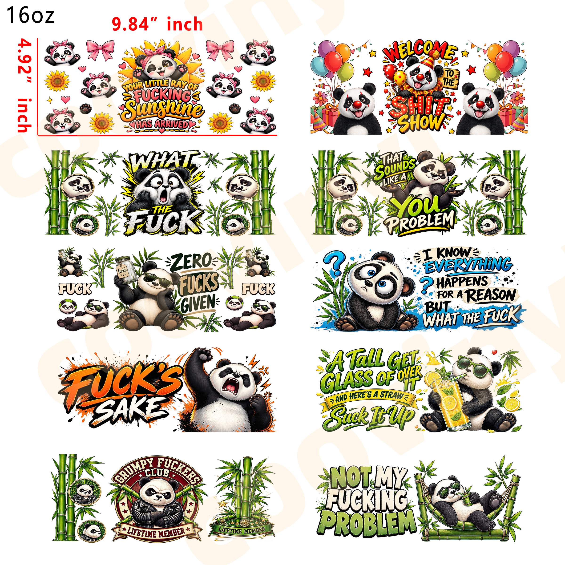 (E50) sassy panda 10pcs  16OZ Tumbler Cup Wraps, Waterproof Fade-Resistant Decal Stickers, Vivid HD Print with Strong Adhesion, Customizable Transfers for Glass Cups, Mugs & Smooth Surfaces, DIY Art Craft Supplies