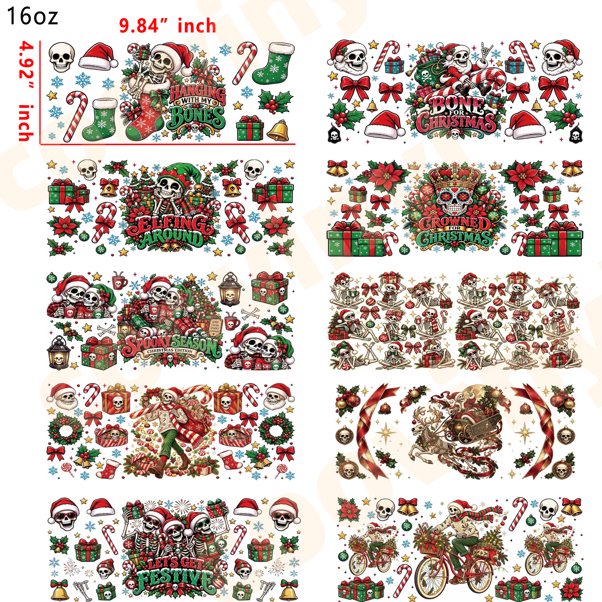 (E65) spooky Christmas 10pcs  16OZ Tumbler Cup Wraps, Waterproof Fade-Resistant Decal Stickers, Vivid HD Print with Strong Adhesion, Customizable Transfers for Glass Cups, Mugs & Smooth Surfaces, DIY Art Craft Supplies