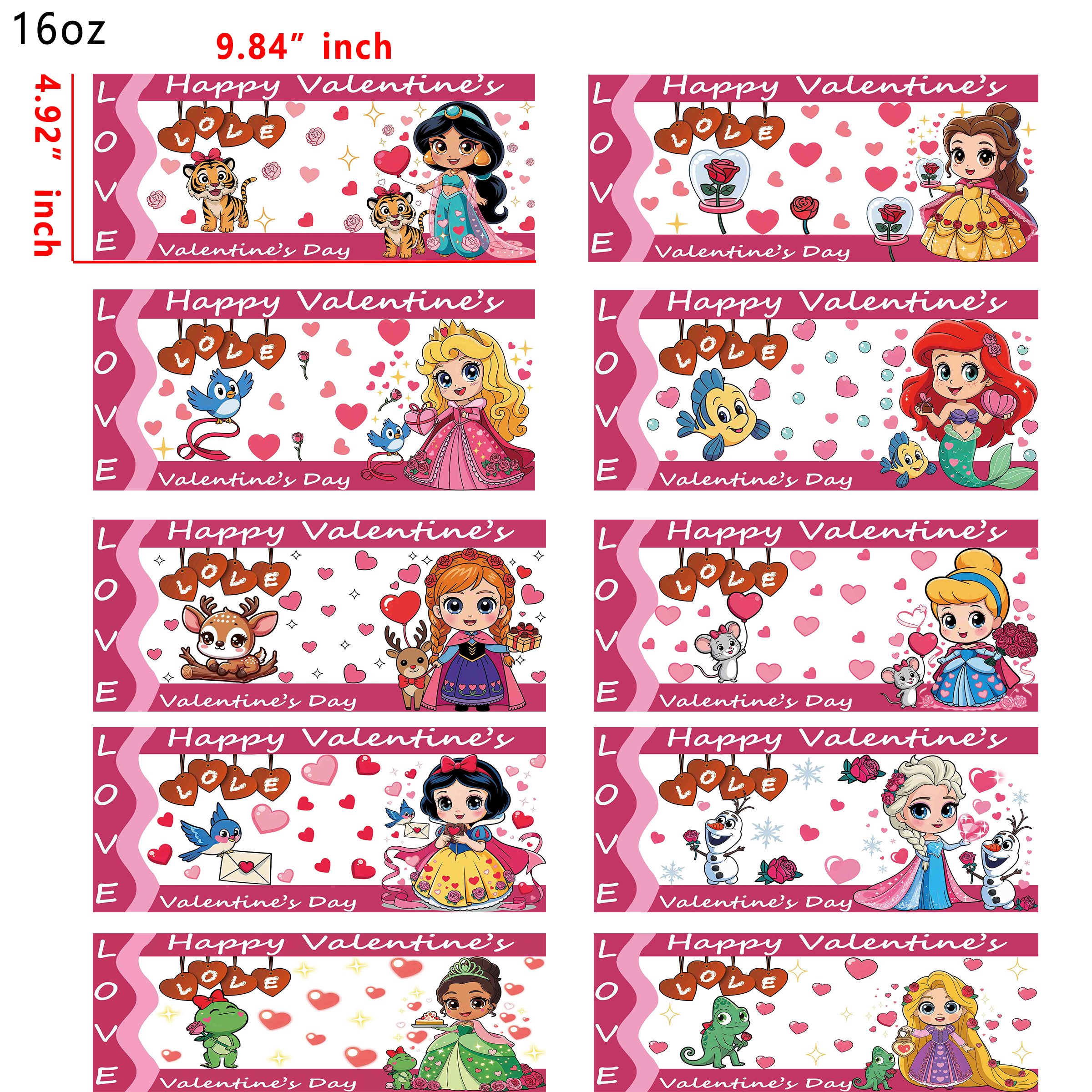 (E68) Valentine's princess 10pcs  16OZ Tumbler Cup Wraps, Waterproof Fade-Resistant Decal Stickers, Vivid HD Print with Strong Adhesion, Customizable Transfers for Glass Cups, Mugs & Smooth Surfaces, DIY Art Craft Supplies