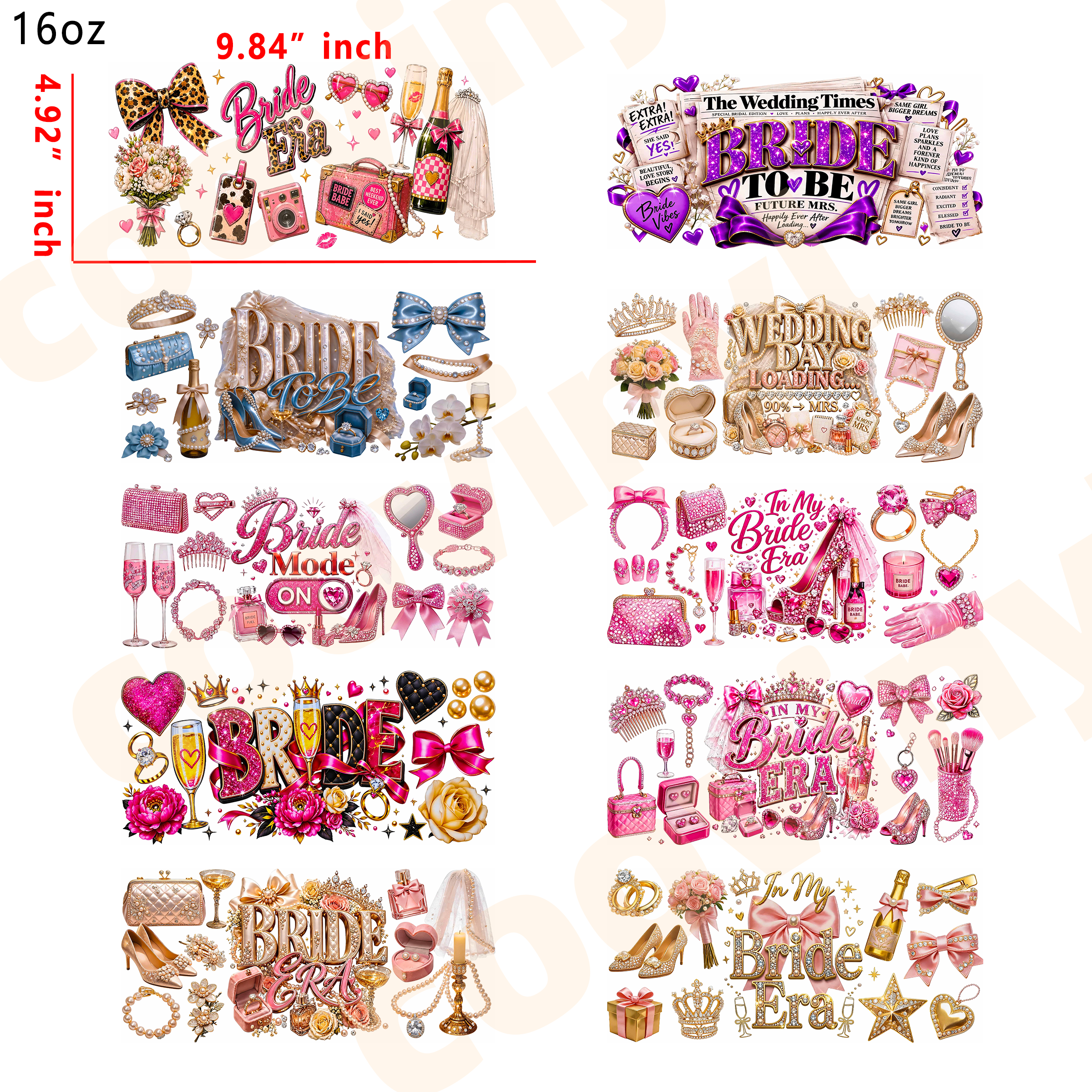 (R93) bride 10pcs  16OZ Tumbler Cup Wraps, Waterproof Fade-Resistant Decal Stickers, Vivid HD Print with Strong Adhesion, Customizable Transfers for Glass Cups, Mugs & Smooth Surfaces, DIY Art Craft Supplies
