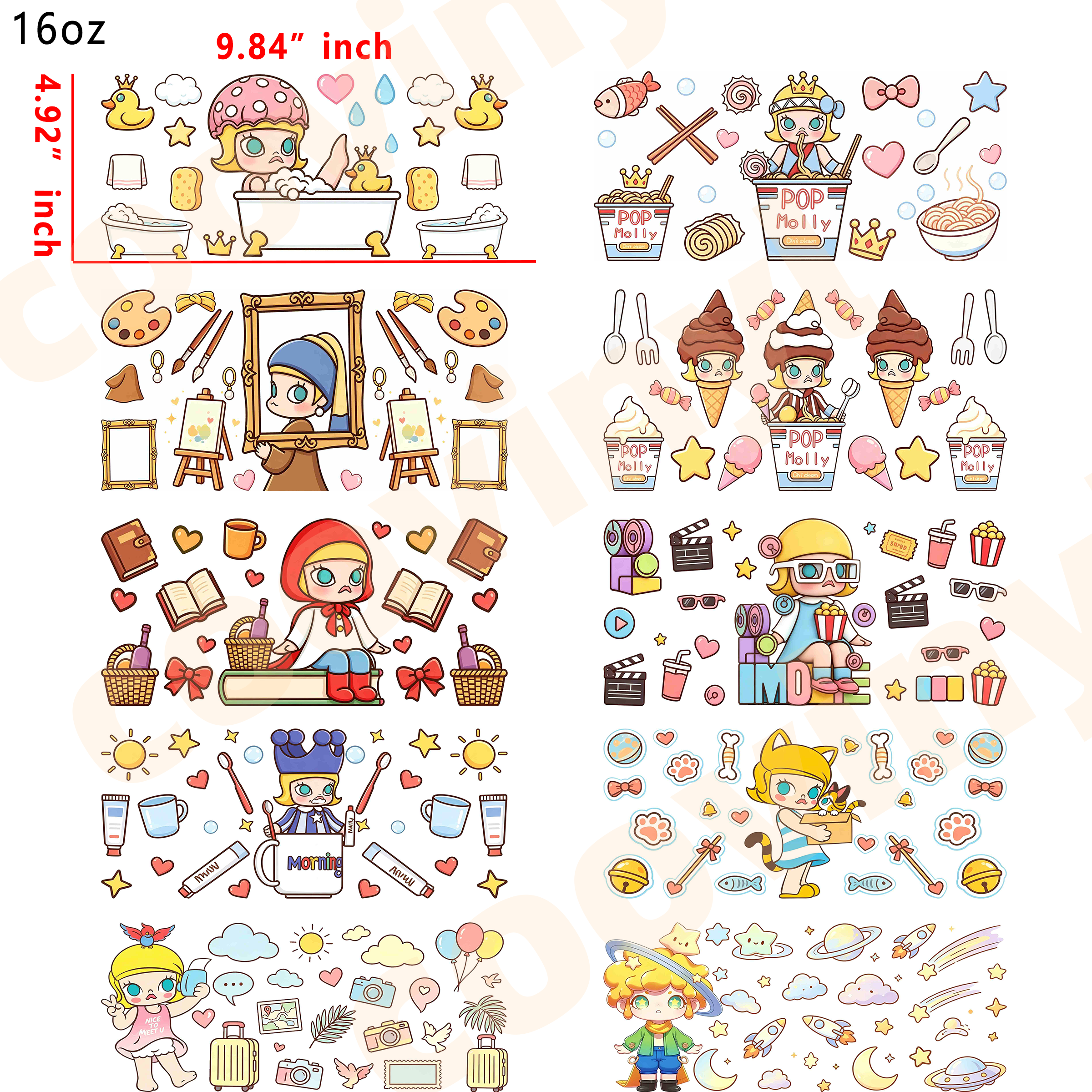 (R97) pop mart 10pcs  16OZ Tumbler Cup Wraps, Waterproof Fade-Resistant Decal Stickers, Vivid HD Print with Strong Adhesion, Customizable Transfers for Glass Cups, Mugs & Smooth Surfaces, DIY Art Craft Supplies