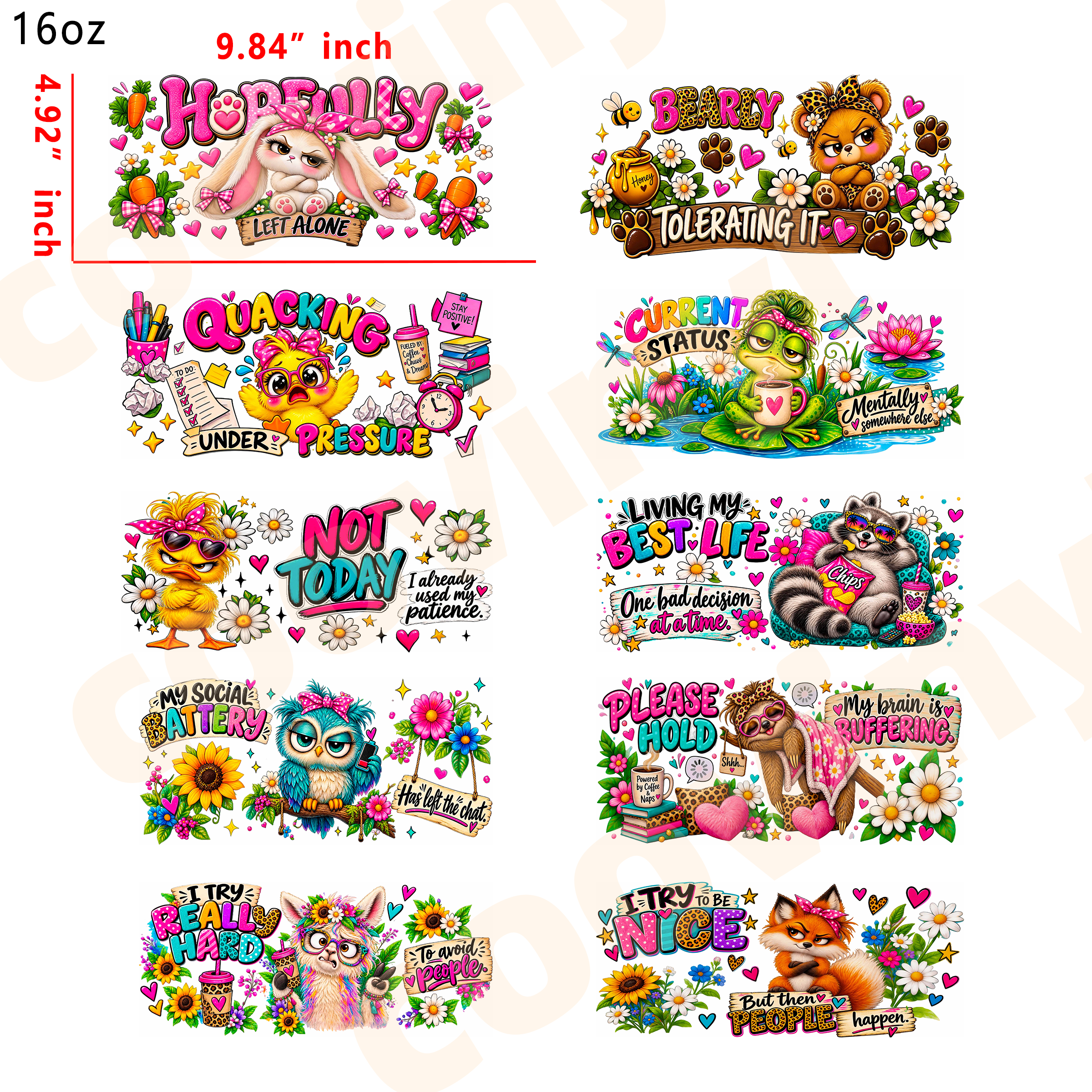 (R96) sarcastic animal 10pcs  16OZ Tumbler Cup Wraps, Waterproof Fade-Resistant Decal Stickers, Vivid HD Print with Strong Adhesion, Customizable Transfers for Glass Cups, Mugs & Smooth Surfaces, DIY Art Craft Supplies