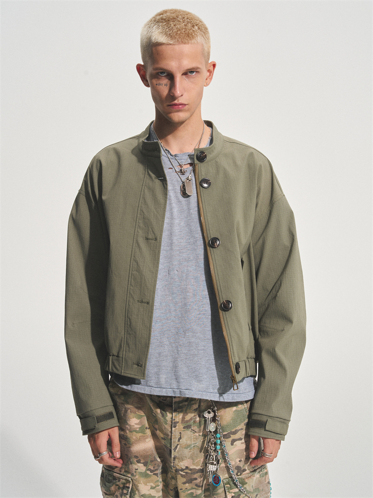 ARMY GREEN LAID COLLAR REPELLENT JACKET