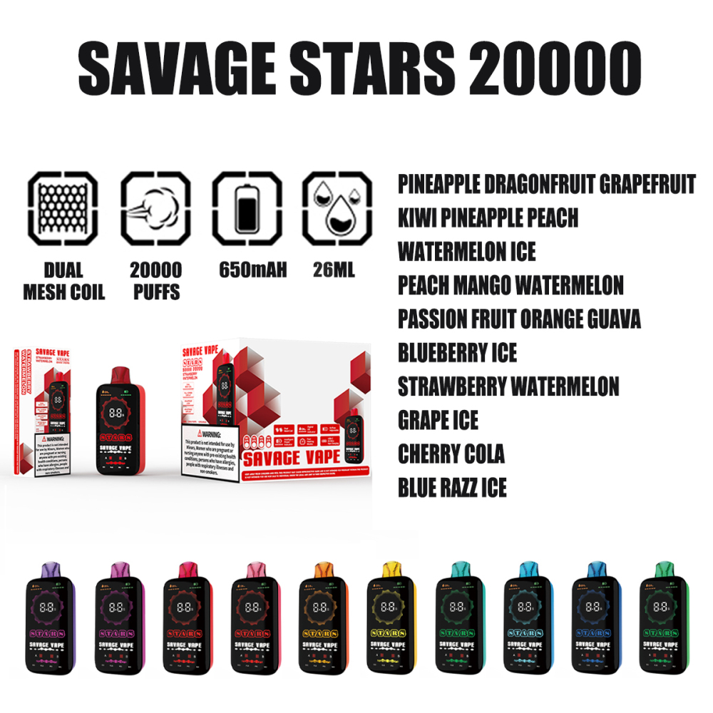 SAVAGE STARS 20000 Puffs | EU Warehouse Shipping | 3-7 Days Delivery | Dual Mesh Coil | Full Screen Display | Fast Chargiing
