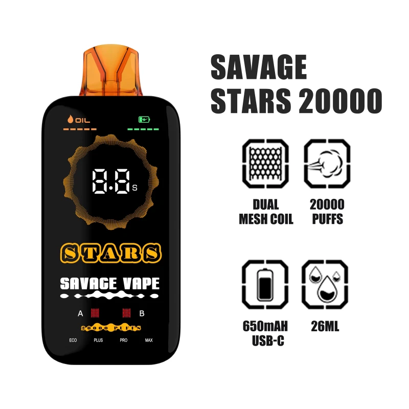 SAVAGE STARS 20000 Puffs | EU Warehouse Shipping | 3-7 Days Delivery | Dual Mesh Coil | Full Screen Display | Fast Chargiing