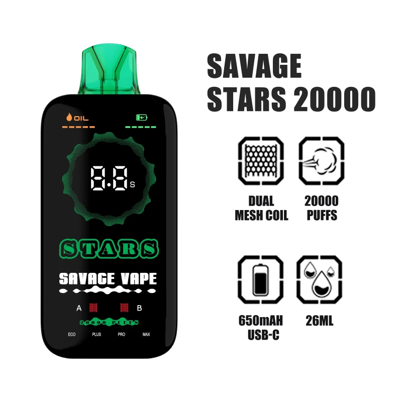 SAVAGE STARS 20000 Puffs | EU Warehouse Shipping | 3-7 Days Delivery | Dual Mesh Coil | Full Screen Display | Fast Chargiing
