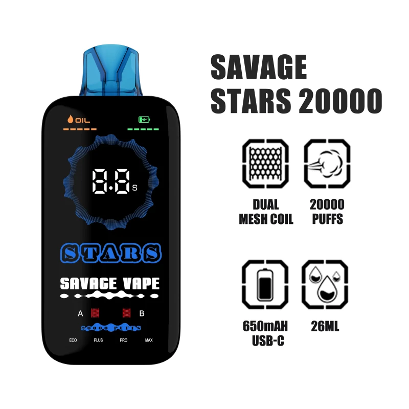 SAVAGE STARS 20000 Puffs | EU Warehouse Shipping | 3-7 Days Delivery | Dual Mesh Coil | Full Screen Display | Fast Chargiing