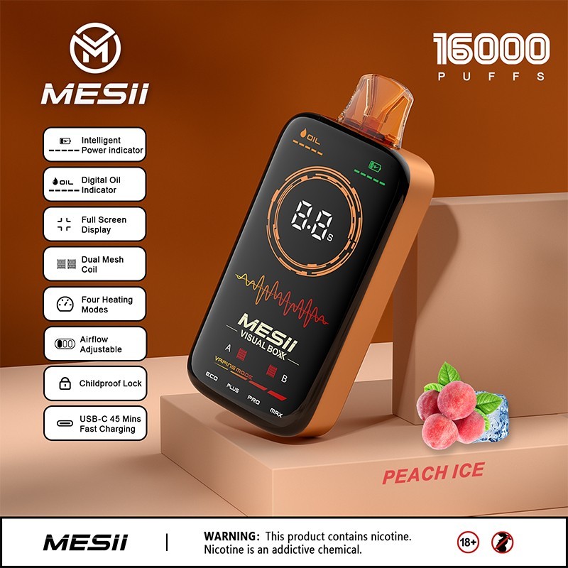 Mesii Visual Box 16000 16K Puffs Full Screen Display Airflow Adjustable Dual Mesh Coil Vaping Time Power Digital Oil Indicator Disposable Vape