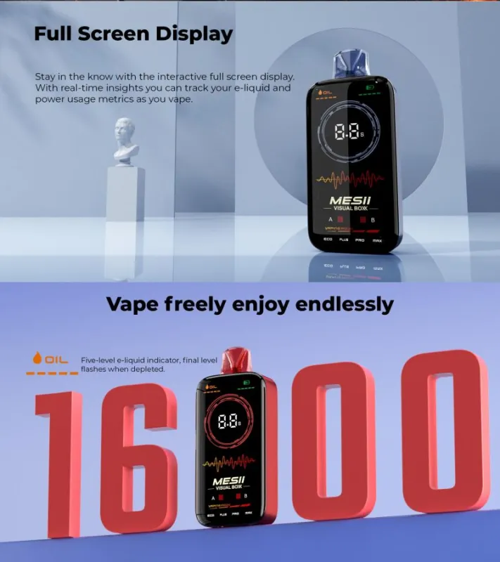 Mesii Visual Box 16000 16K Puffs Full Screen Display Airflow Adjustable Dual Mesh Coil Vaping Time Power Digital Oil Indicator Disposable Vape
