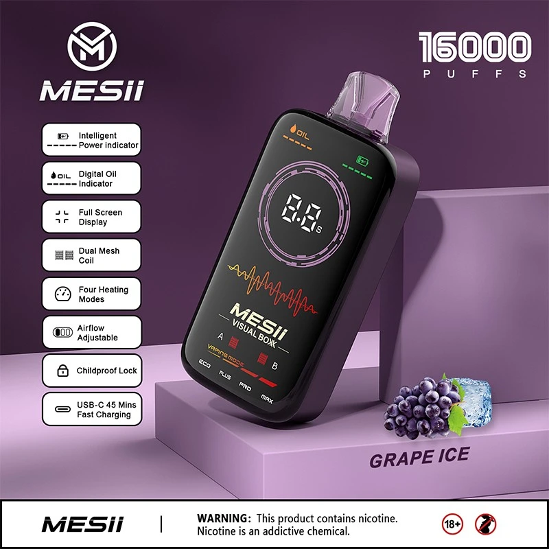 Mesii Visual Box 16000 16K Puffs Full Screen Display Airflow Adjustable Dual Mesh Coil Vaping Time Power Digital Oil Indicator Disposable Vape
