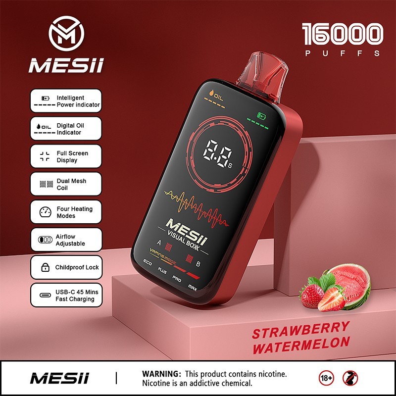 Mesii Visual Box 16000 16K Puffs Full Screen Display Airflow Adjustable Dual Mesh Coil Vaping Time Power Digital Oil Indicator Disposable Vape