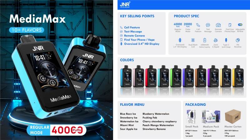 JNR Media Max 40000 Puffs Smart Screen Wholesale Disposable Vape Puff 40k Electronic Cigarette Adjustable Airflow Dual Mode Dual Mesh