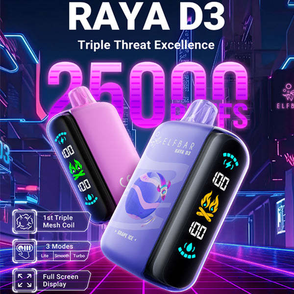 Original Elf Bar 25000 Puffs Disposable Vape Raya D3 Vape 25k Puff 3D Screen Electronic Cigarette