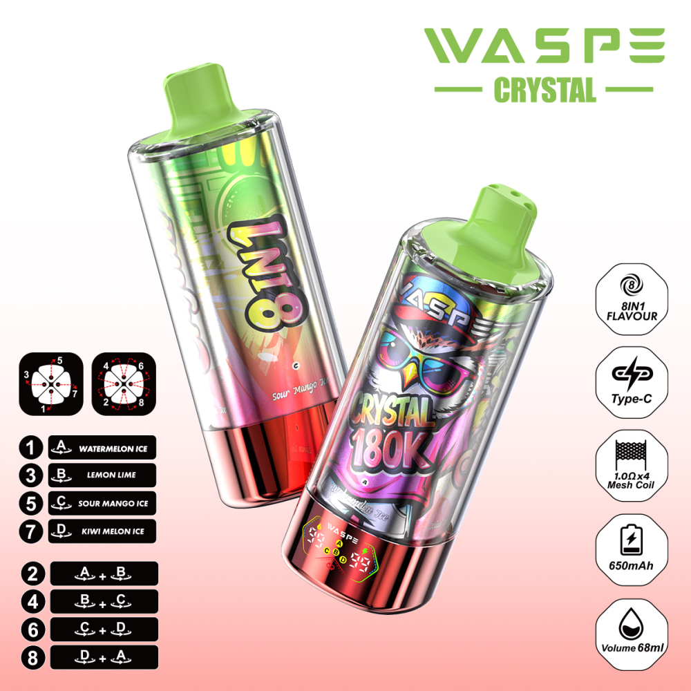 WASPE 8-in-1 Flavor Crystal 180000 Puffs 180K Disposable Vapes Wholesale Bulk Buy LED Display