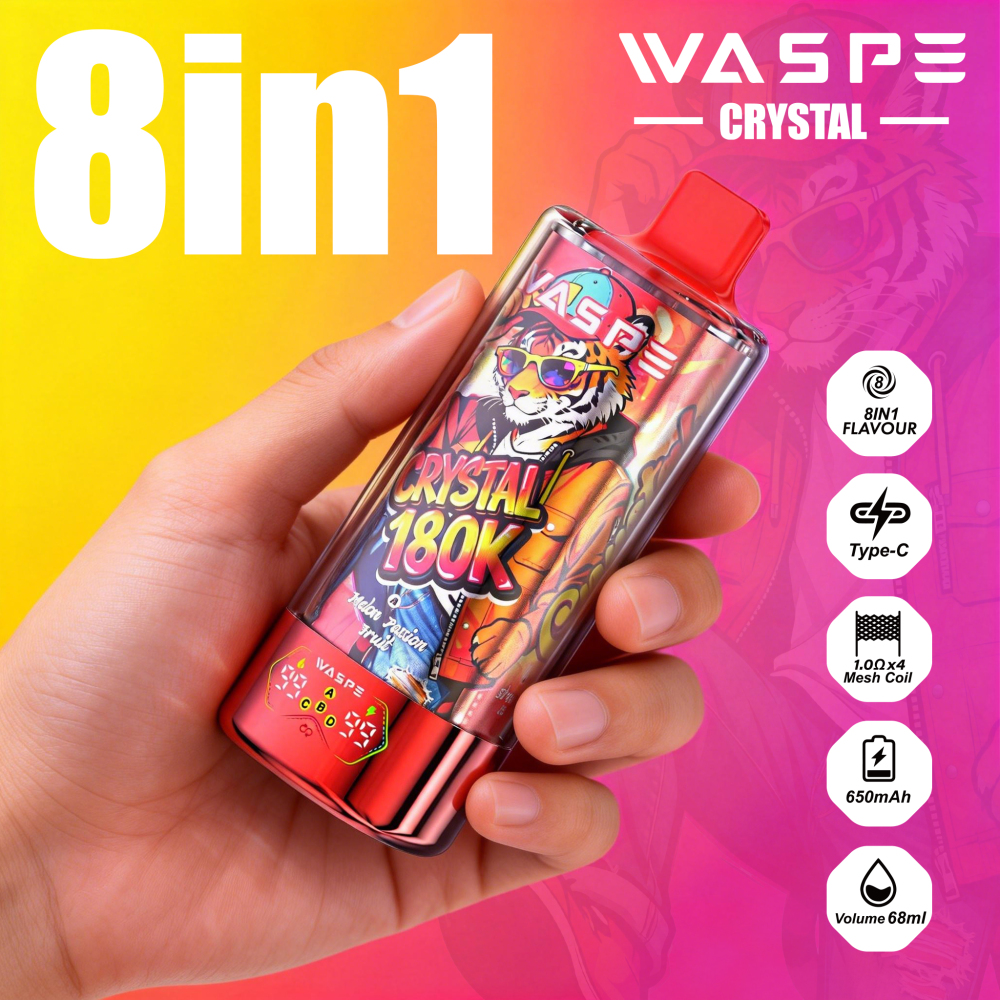 WASPE 8-in-1 Flavor Crystal 180000 Puffs 180K Disposable Vapes Wholesale Bulk Buy LED Display