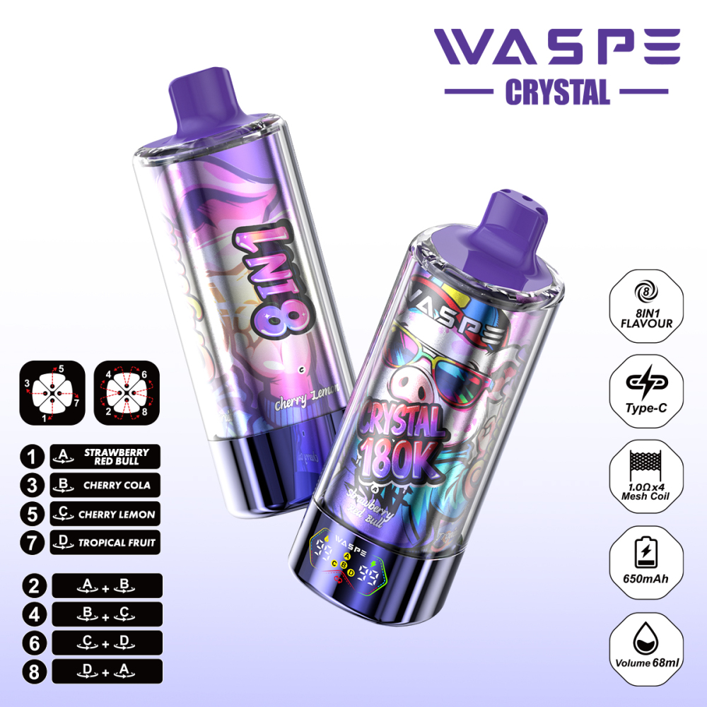 WASPE 8-in-1 Flavor Crystal 180000 Puffs 180K Disposable Vapes Wholesale Bulk Buy LED Display