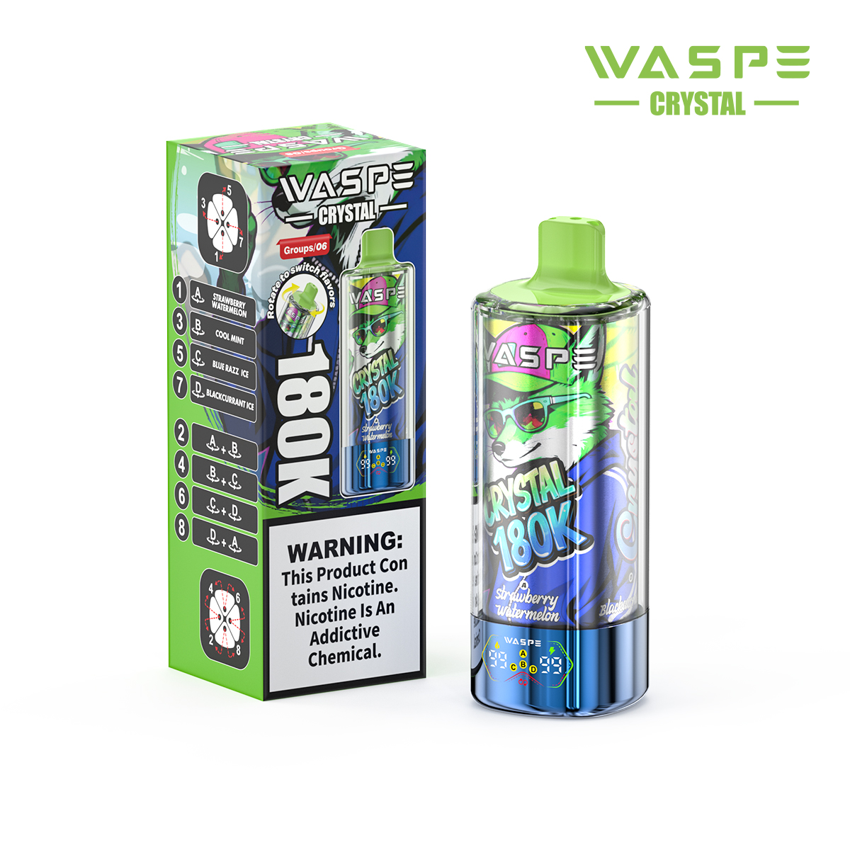WASPE 8-in-1 Flavor Crystal 180000 Puffs 180K Disposable Vapes Wholesale Bulk Buy LED Display