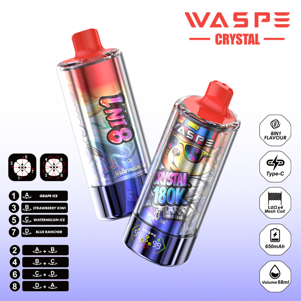 WASPE 8-in-1 Flavor Crystal 180000 Puffs 180K Disposable Vapes Wholesale Bulk Buy LED Display
