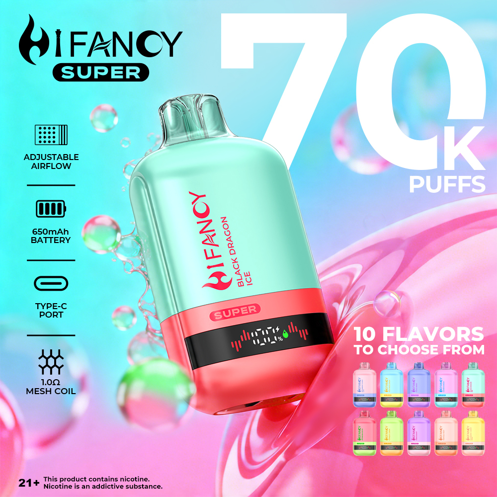 Hifancy Super 70K Disposable Vape – 70,000 Puffs, 4-Level Airflow, Smart Oil & LED Display, Rechargeable
