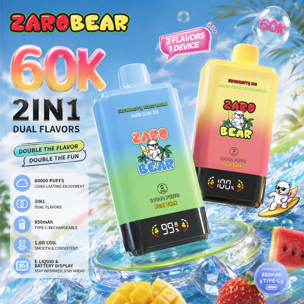 Zarobear 60K 2-in-1 Dual Flavor Disposable Vape – Smart Digital Screen High Puff Vape EU Warehouse Fast Shipping