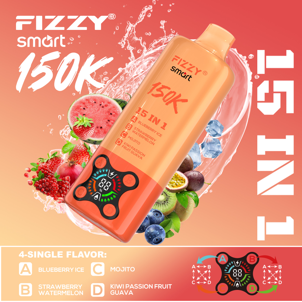 Fizzy 150K Disposable Vape – 150,000 Puffs 15-in-1 Multi-Flavor Rechargeable Vape with 4-Pod Smart Display