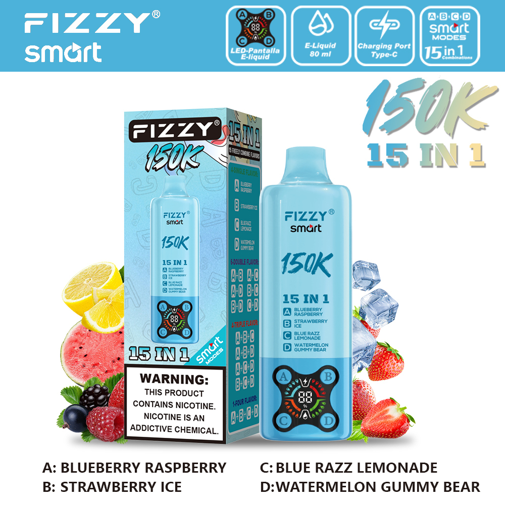 Fizzy 150K Disposable Vape – 150,000 Puffs 15-in-1 Multi-Flavor Rechargeable Vape with 4-Pod Smart Display