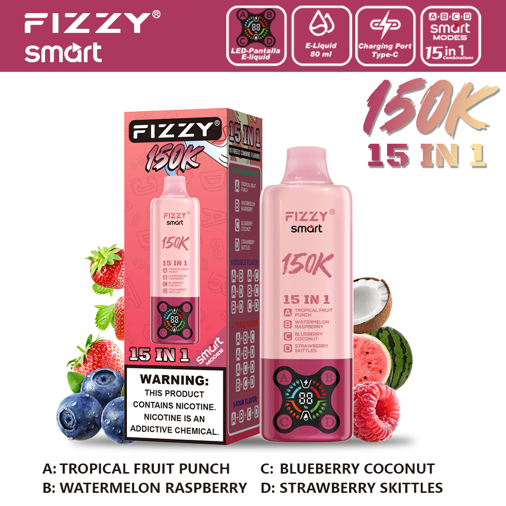 Fizzy 150K Disposable Vape – 150,000 Puffs 15-in-1 Multi-Flavor Rechargeable Vape with 4-Pod Smart Display