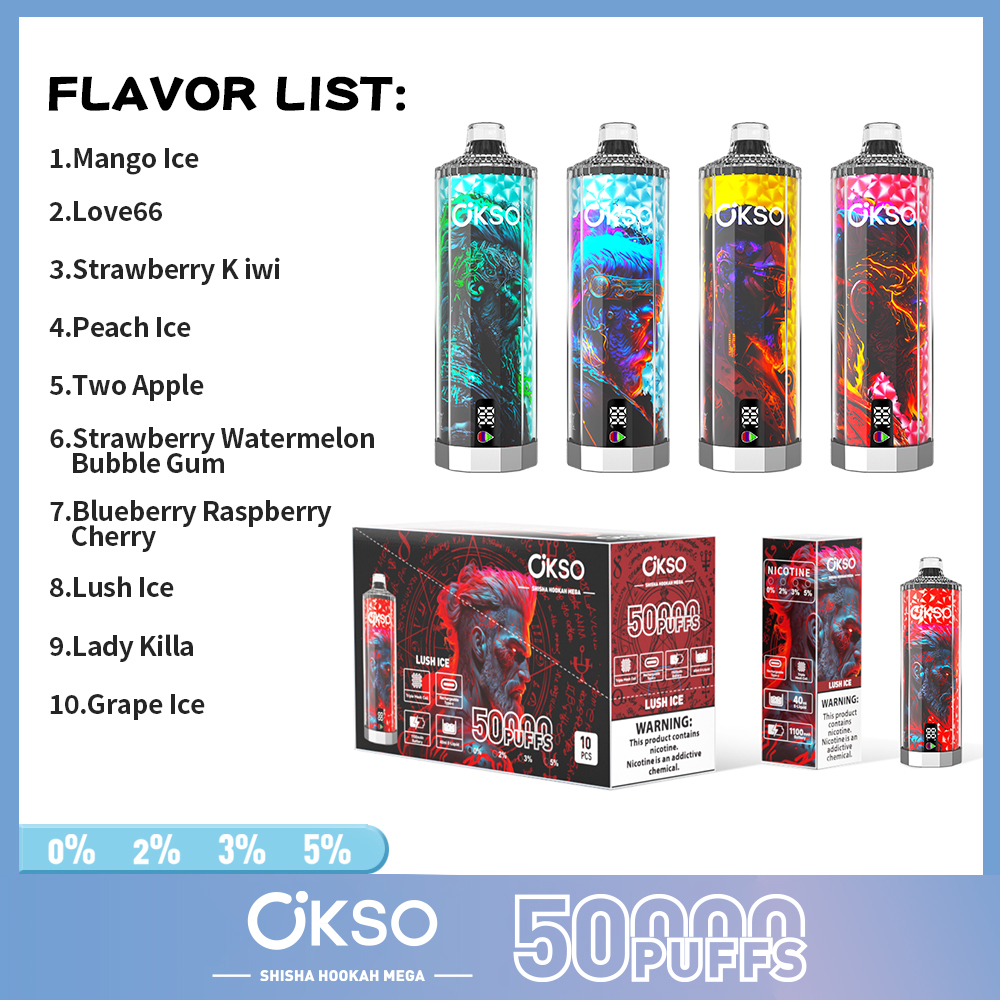 OKSO Shisha Hookah Mega 50K Puffs Disposable Vape – LED Display 10 Flavors High Puff Vape