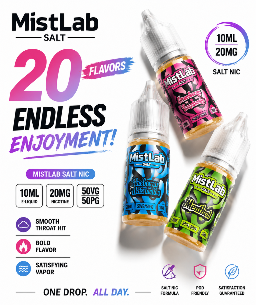 MistLab Premium 10ml Nic Salt Vape Juice 20mg – Smooth Rich Flavor, Fast Shipping, Premium Quality & Satisfying Nicotine Experience