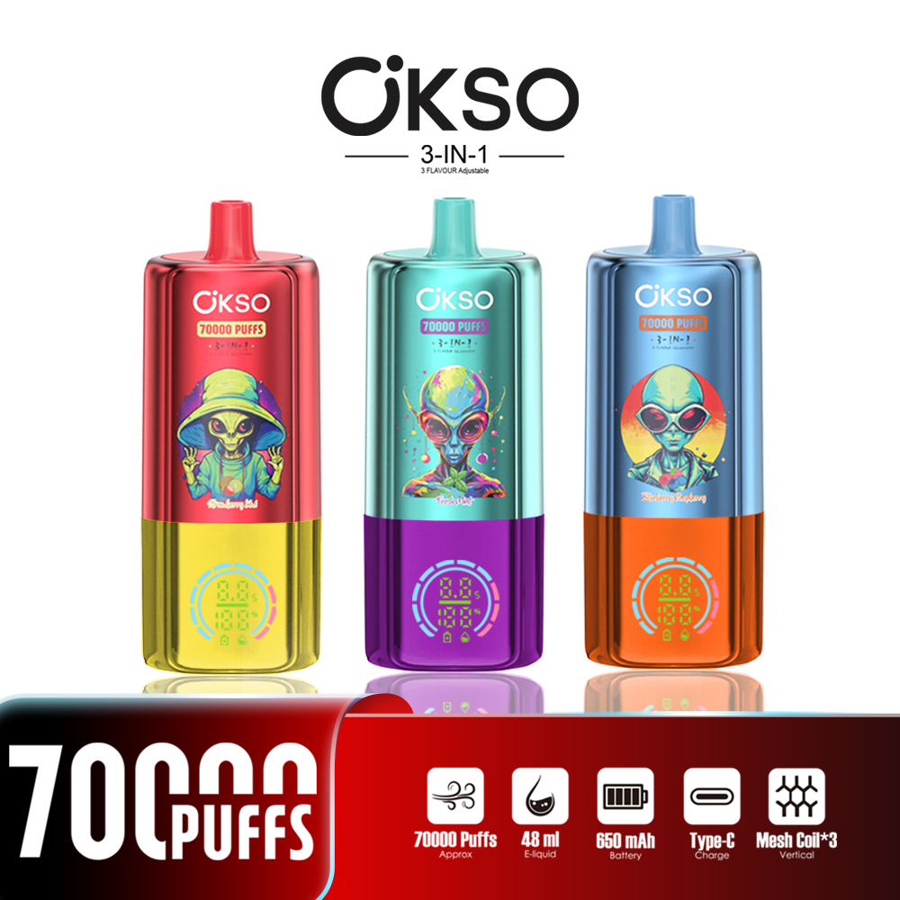 OKSO 70K Puffs 3-in-1 Disposable Vape – Triple Flavor Switch Vape Pen Smart LED Screen Rechargeable Big Puff EU Warehouse Vape