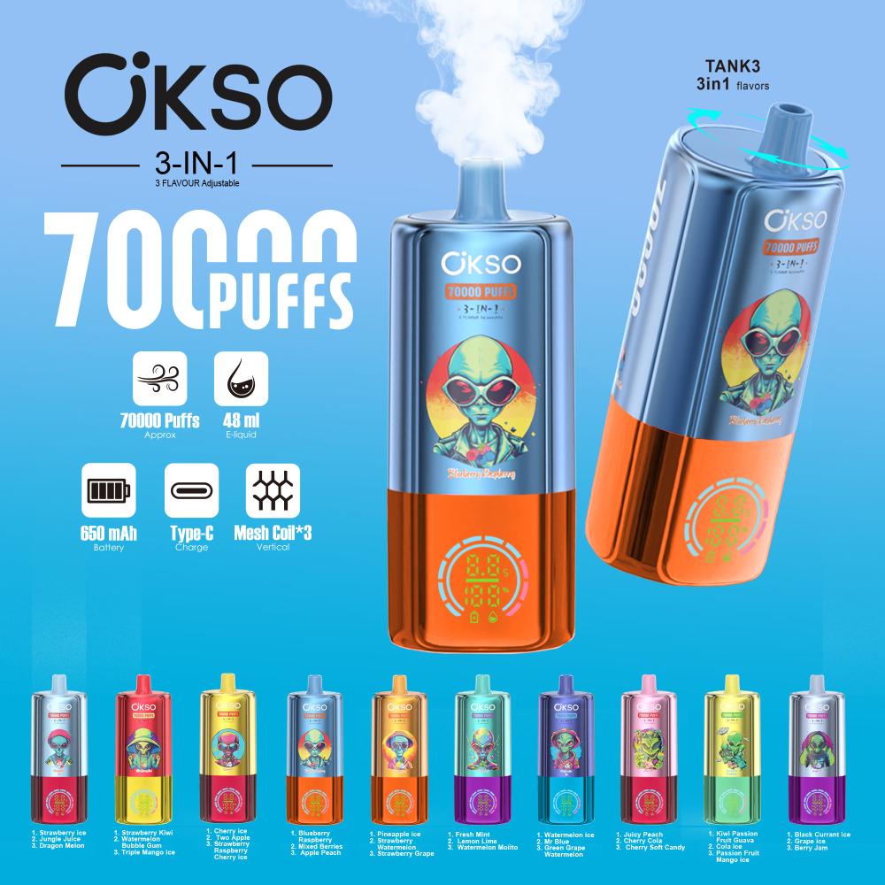 OKSO 70K Puffs 3-in-1 Disposable Vape – Triple Flavor Switch Vape Pen Smart LED Screen Rechargeable Big Puff EU Warehouse Vape