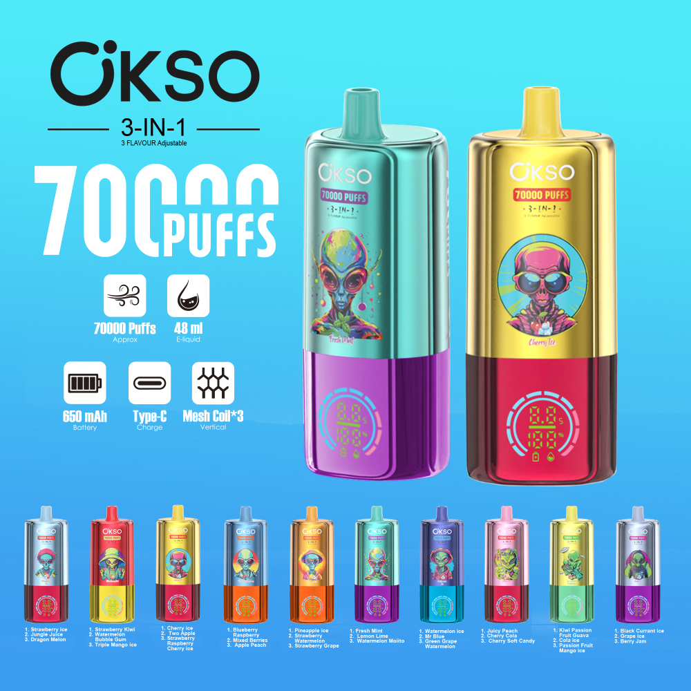 OKSO 70K Puffs 3-in-1 Disposable Vape – Triple Flavor Switch Vape Pen Smart LED Screen Rechargeable Big Puff EU Warehouse Vape