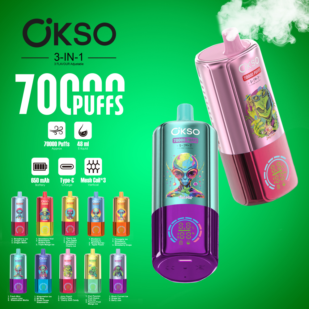 OKSO 70K Puffs 3-in-1 Disposable Vape – Triple Flavor Switch Vape Pen Smart LED Screen Rechargeable Big Puff EU Warehouse Vape