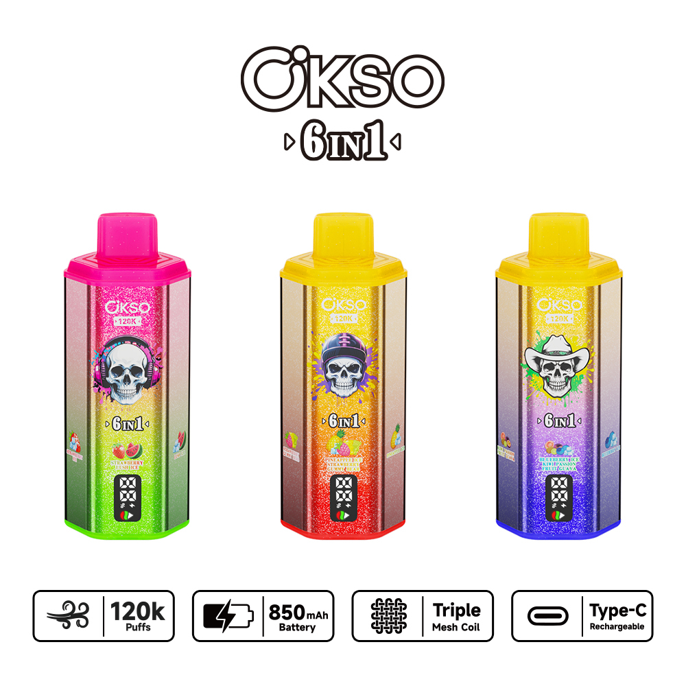 OKSO 120K Puffs 6 IN 1 Vape | 120000 Puff Disposable Vape with Triple Mesh Coil, 60ml E-Liquid, LED Display & 850mAh Rechargeable Battery