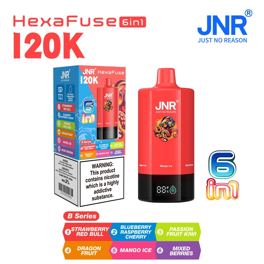 JNR HexaFuse 120K Vape – 6-in-1 Flavor System with 800mAh Rechargeable Battery