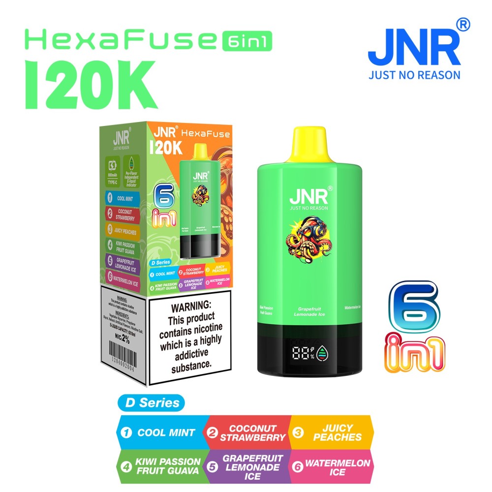 JNR HexaFuse 120K Vape – 6-in-1 Flavor System with 800mAh Rechargeable Battery