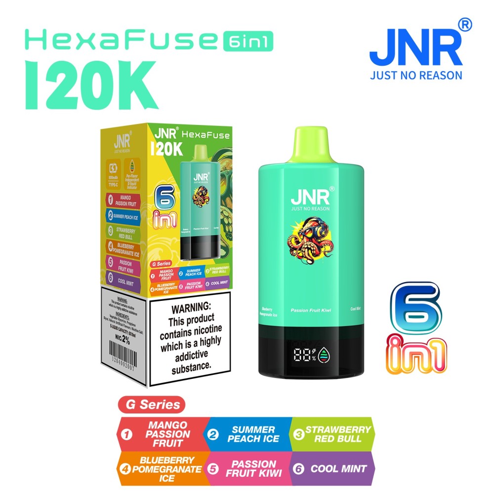 JNR HexaFuse 120K Vape – 6-in-1 Flavor System with 800mAh Rechargeable Battery